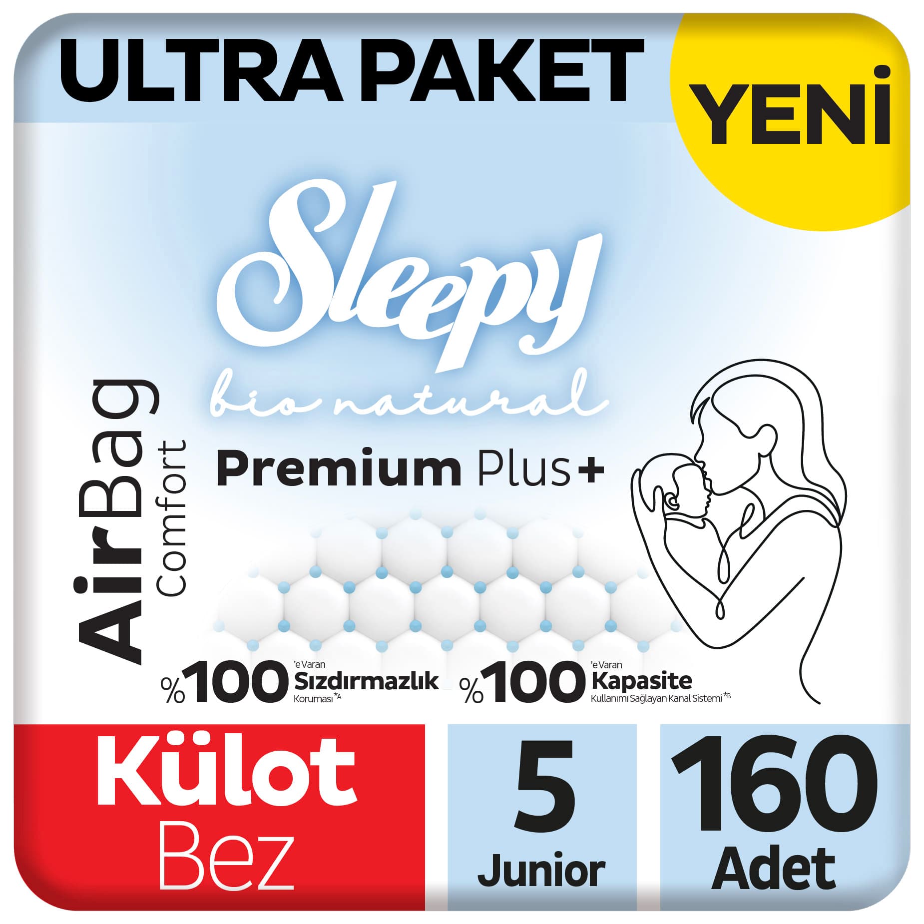 Sleepy Bio Natural Premium Plus Airbag Comfort Ultra Paket Külot Bez 5 Numara Junior 160 Adet