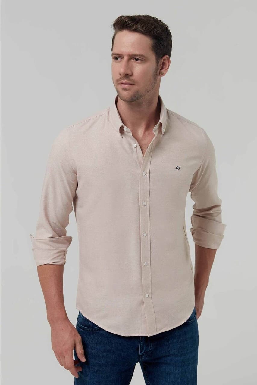 D'S Damat Ds Damat Slim Fit Bej Oxford Düğmeli Yaka Kolay Ütülenebilir Nakış Detaylı Pamuklu Gömlek 4HC02ORT03265 Bej