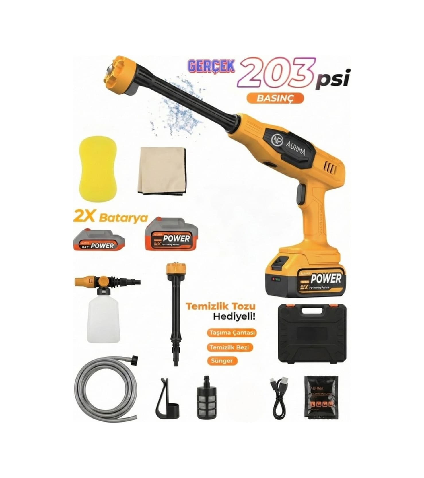 Npo Auhma Acr07s Reel 203psı Çift Akülü Yeni Nesil Motor 12 Parça Profesyonel Oto Yıkama Tabancası