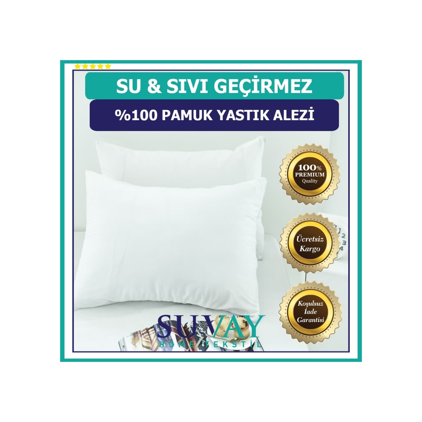 Suvay Su Sıvı Geçirmez Pamuklu Fermuarlı Terletmeyen Yastık Koruyucu Alez Kılıf 2 Adet
