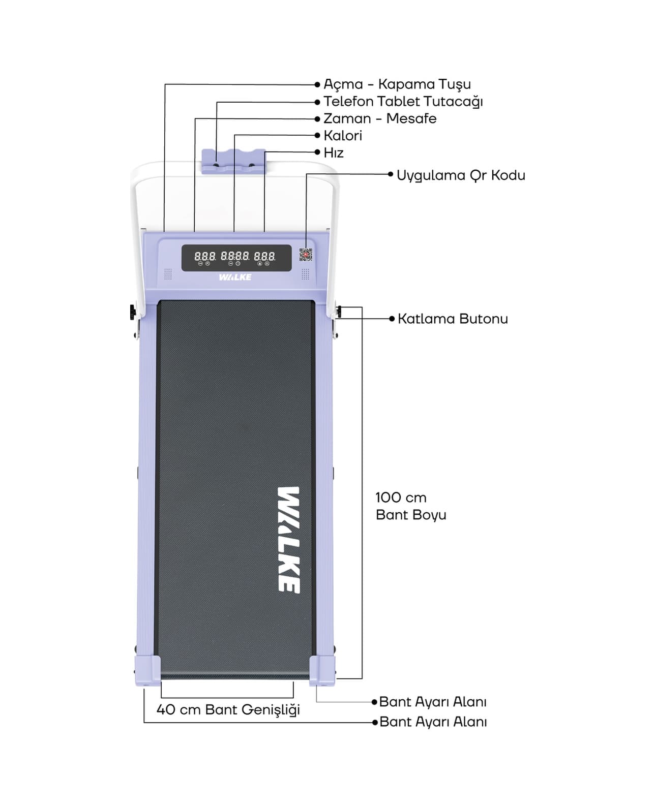Walke W-fit Purple Bluetoothlu Uygulamalı Uzaktan Kumandalı Koşu Bandı Yürüyüş Bandı Mor