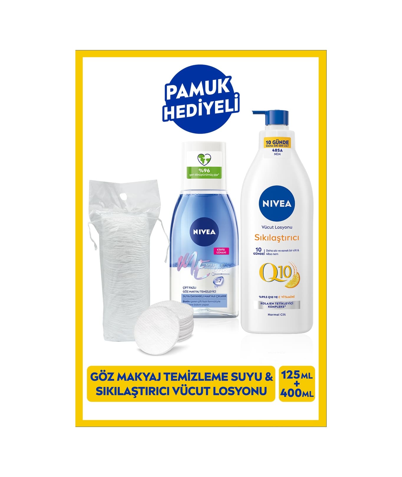 NIVEA Çift Fazlı Göz Makyaj Temizleme Suyu 125 ML + Q10 Sıkılaştırıcı ve Nemlendirici Vücut Losyonu 400 ML