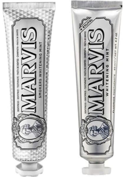 Marvis Beyazlatıcı Diş Macunu Seti – Smokers Whitening Mint ve Whitening Mint Nane Aromalı, 2×85 ml Çift Paket