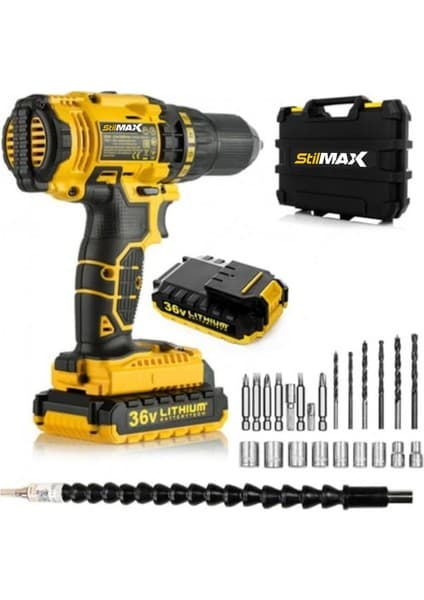 Stilmax Xr 36 V 5 Ah Darbeli Çift Li-On Akülü Şarjlı Vidalama Matkap + 27 Parça Usta Seti