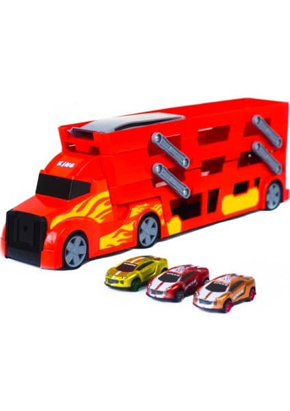 Engin Oyuncak King Toys 3 Katlı Sürat Pistli Kırmızı Tır 3 Arabalı Oyuncak Kamyon ve İş Makinesi
