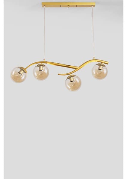 Ömür Avize Labra Modern Mimari Tasarım Mat Gold Kasa Bal Camlı Sıralı Dörtlü Avize