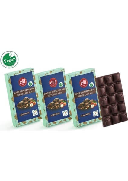 Elit Çikolata Fındıklı, Şeker İlavesiz, Vegan ve Prebiyotik Bitter Çikolata 60g 3'lü Set (3x60g) Glutensiz