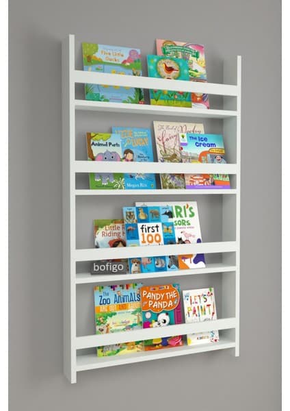Bofigo 4 Raflı 120 x 74 cm Montessori Kitaplık Eğitici Çocuk Kitaplığı Beyaz
