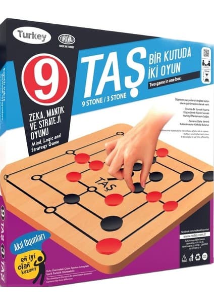 Redka 9 Taş 3 Taş Zeka Oyunu 18 Adet Ahşap Oyun Taşı ile Mantık ve Strateji Geliştirme