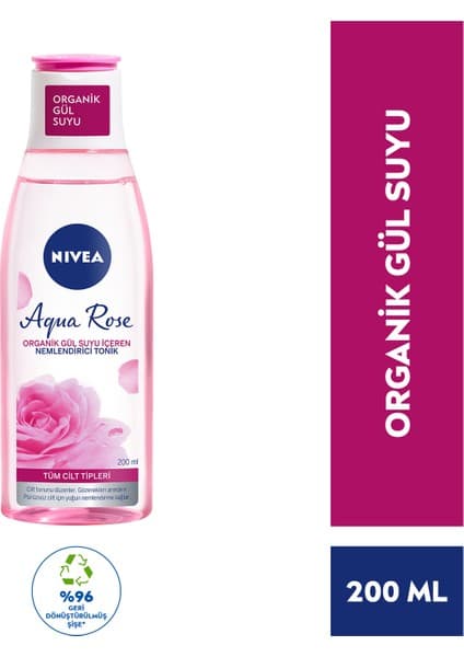 Nivea Aqua Rose Organik Gül Suyu İçeren Nemlendirici Tonik (200ml) Tüm cilt tipleri için 24 Saat Yüz Nemlendirici