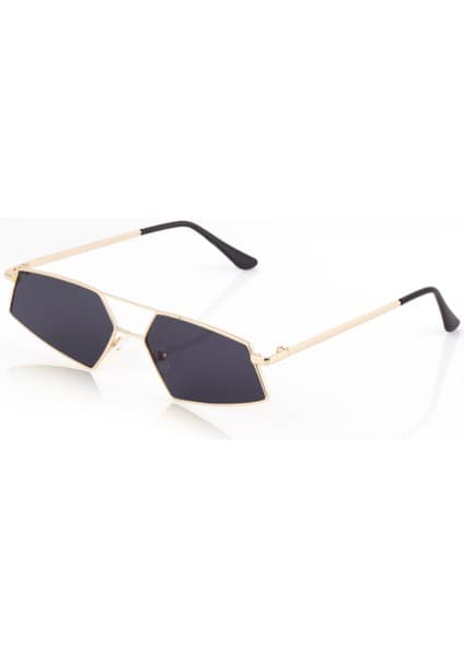POLO55 Gold Metal Çerçeveli Siyah Camlı Beşgen Retro Kadın Güneş Gözlüğü