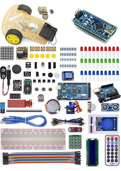 Arduino Nano Mega Uno 181 Parça 4 İn 1 Robotik Kodlama Ve 2 Wd Tekerlekli Araba Şasesi Rfid Süper Proje Eğitim Seti