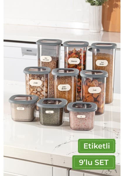 Vienev Etiketli Kare Erzak Saklama Kabı 9'lu Set 3x(0,55 Litre, 1,2 Litre, 1,75 Litre) Antrasit