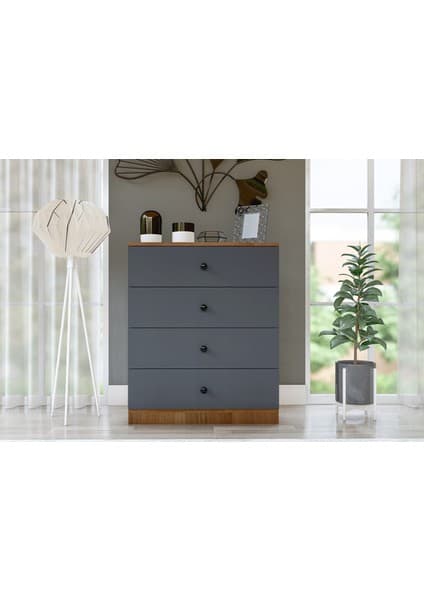 Metalia Gm 086 Almina 4 Çekmeceli Düğme Kulplu Modern Tasarımlı Antrasit Gri-Ceviz Şifonyer 90x80x47 cm