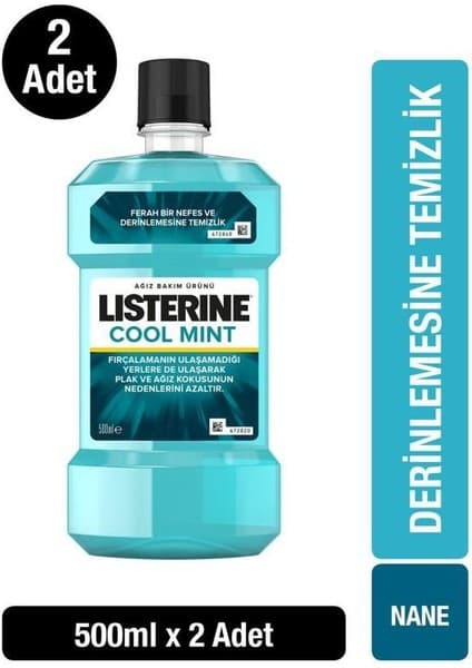 Listerine Cool Mint Ağız Bakım Suyu 500 ml x 2 – Ferah Nane Aromalı, Plak ve Bakterilere Karşı, Uzun Süreli Ferahlık