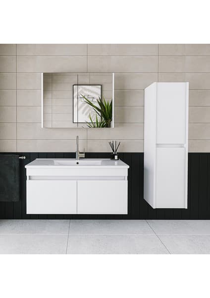 Banos Roomart 2 Kapaklı Lavabolu Beyaz Mdf 100 cm Banyo Dolabı + Aynalı Banyo Üst Dolabı + Banyo Boy Dolabı