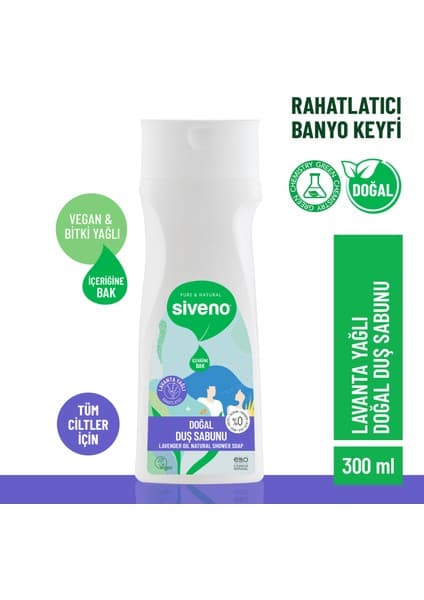 Siveno %100 Doğal Duş Sabunu Lavanta Kokulu Rahatlatıcı Duş Jeli 6 Değerli Bitki Vegan 300 ml