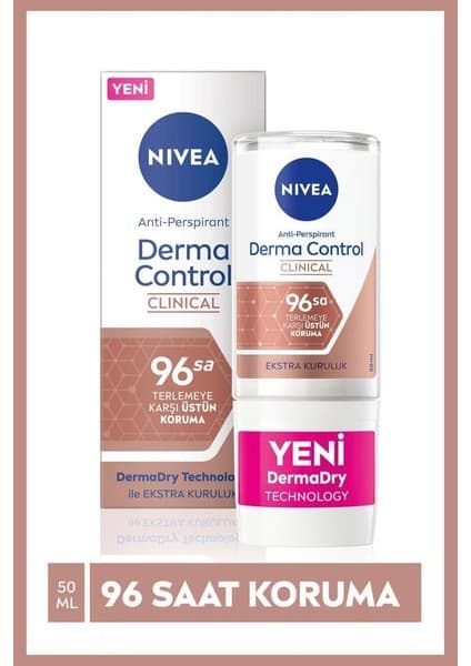 Nivea Kadın Roll-on Deodorant Derma Control Clinical 50 ml, 96 Saat Koruma, C Vitamini, Kararma Karşıtı