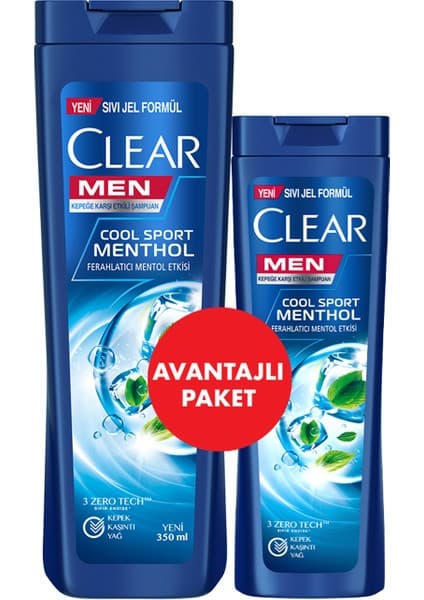Clear Men Kepeğe Karşı Etkili Şampuan Cool Sport Menthol Ferahlatıcı Mentol Etkisi 350 ml + 185 ml