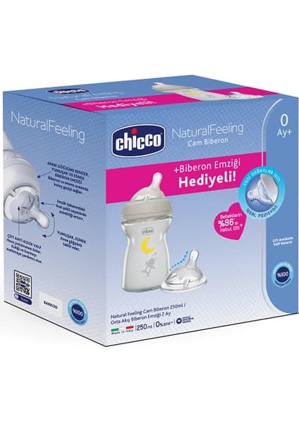 Chicco Natural Feeling Cam Biberon 250 ml Renkli Valfli Biberon Emziği Hediyeli Yumuşak