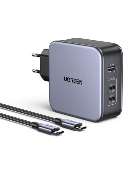 UGREEN Nexode 140W GaN 3 Portlu Hızlı Şarj Cihazı 2xUSB-C, 1xUSB-A QC 4.0 PD 3.1, Uzay Grisi, 90549