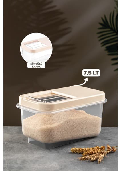 Meleni Home Multibox 7,5 Lt Bakliyat Saklama Kabı - Kayar Kapaklı Erzak Saklama Kabı Un Kabı Krem