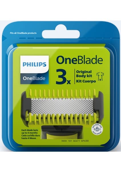 Philips OneBlade QP630/51 Yedek Bıçak, 3'lü Paket, Vucüt Kiti, Tüm OneBlade Gövdeleriyle Uyumlu