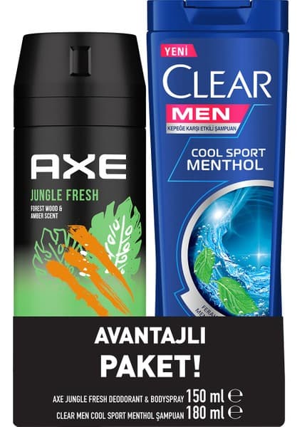 Axe Erkek Sprey Deodorant Jungle Fresh 150 Ml + Clear Men Saç Bakım Şampuanı Cool Sport Menthol 180 Ml
