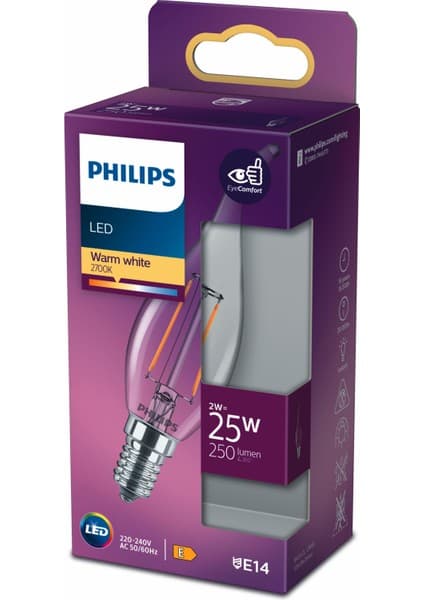 Philips LED Classic Şeffaf Mum Filament 2W 250 Lumen 2700K Sarı Işık BA35 E14 Duy (25W Eşleniği)