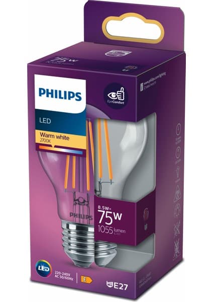 Philips LED Classic Şeffaf Filament Ampul 8.5W 1055 Lumen 2700K Sarı Işık A60 E27 Duy (75W Eşleniği)