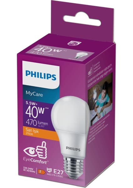 Philips MyCare LED Ampul 5.5W 470 Lumen 2700K Sarı Işık A60 E27 Duy (40W Eşleniği) Yerli Üretim