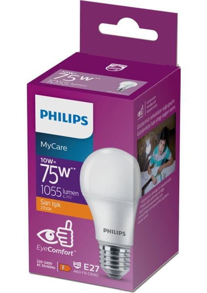 Philips MyCare LED Ampul 10W 1055 Lumen 2700K Sarı Işık A60 E27 Duy (75W Eşleniği) Yerli Üretim