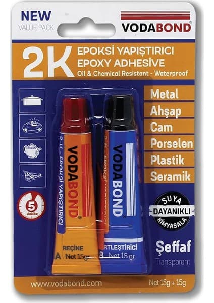 Vodabond 2K Epoksi Yapıştırıcı Suya Dayanıklı Şeffaf Metal Ahşap Cam Porselen Plastik 15g