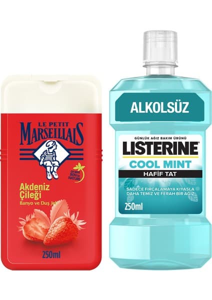 Listerine Cool Mint Hafif Tat Ağız Bakım Suyu 250 ml + Le Petit Marseillais Akdeniz Çileği Duş Jeli 250 ml Ferahlatıcı Etki