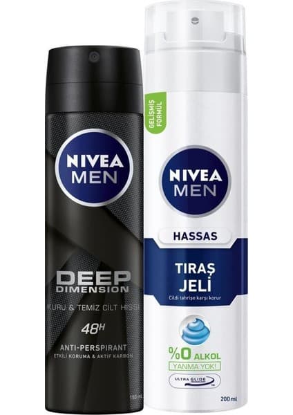 Nivea Deep Dimension Erkek Deosprey 150ml+TIRAŞ Jeli Hassas Ciltler Için 200 ml