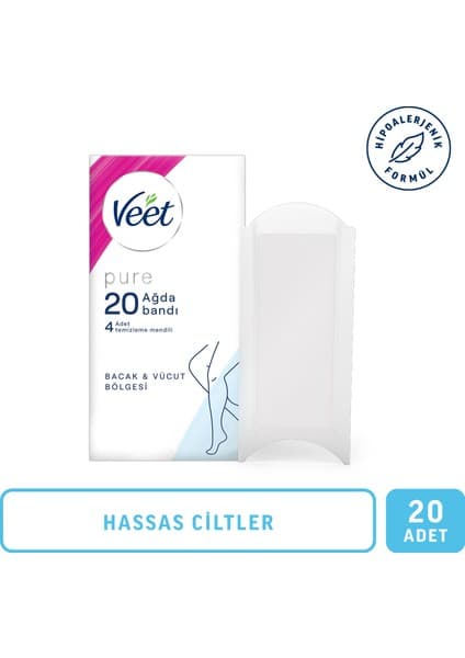 Veet Pure Hipoalerjenik Sir Ağda Bandı 20'li Bacak & Vücut Bölgesi Hassas Ciltler İçin Özel Formül