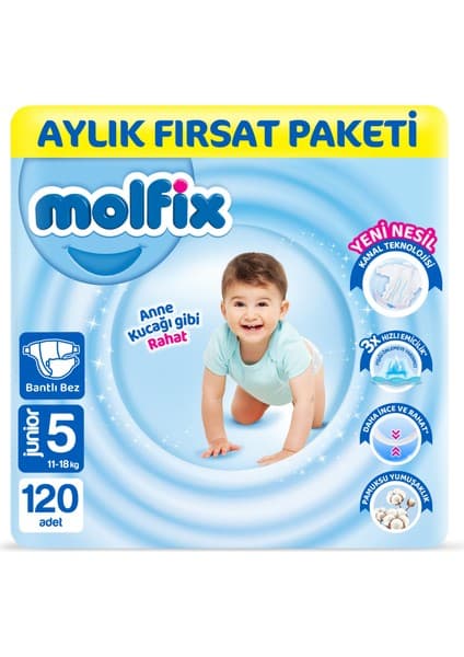 Molfix 5 Beden Bebek Bezi 120 Adet Bantlı Hızlı Emici Teknoloji ile Aylık Fırsat