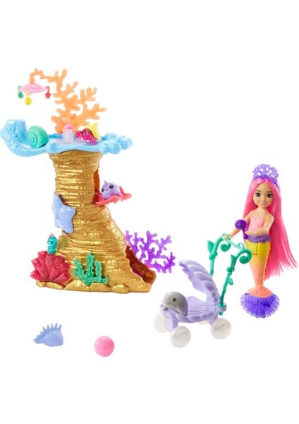 Barbie Chelsea Deniz Kızı Bebek Renkli Oyun Seti ile Barbie Temalı 4 Hayvan Figürü ve Mercan Resifi