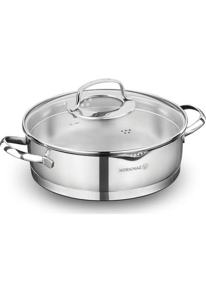 Korkmaz 24 x 7 cm Inox Pilav Tenceresi Cam Kapaklı Ergonomik Saplı Çelik Kaplama