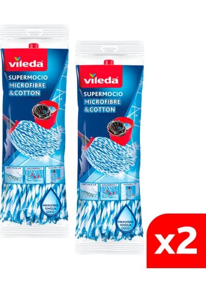 Vileda 2'li Pamuk & Mikrofiberli Supermocio Mop Yedeği Mavi Renk Yüksek Emicilik Özelliği ile
