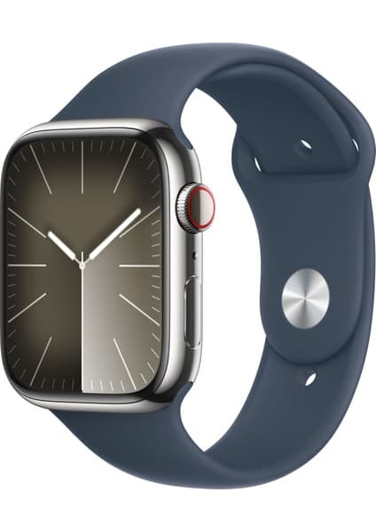 Apple Watch Seri 9 Gps + Cellular 45MM Gümüş Rengi Paslanmaz Çelik Kasa Spor Kordon - S/m MRMN3TU/A