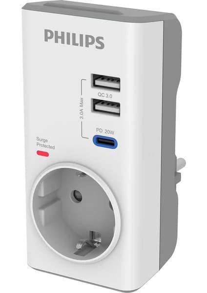 Philips CHP8010W/10 Tekli Akım Korumalı Priz PD Hızlı Şarj QC 3.0 USB-A Desteği