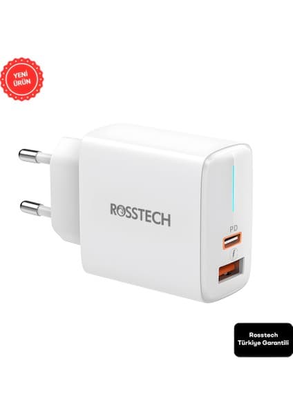 Rosstech 20W Pd LED Göstergeli Ultra Hızlı Şarj Adaptörü Usb-C Pd 20W + Usb-A Quick Charge 3.0 Dual Port (Rosstech Türkiye Garantili)
