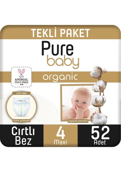 Pure Baby Organik Bebek Bezi 4 Beden Maxi 52'li Jumbo Paket