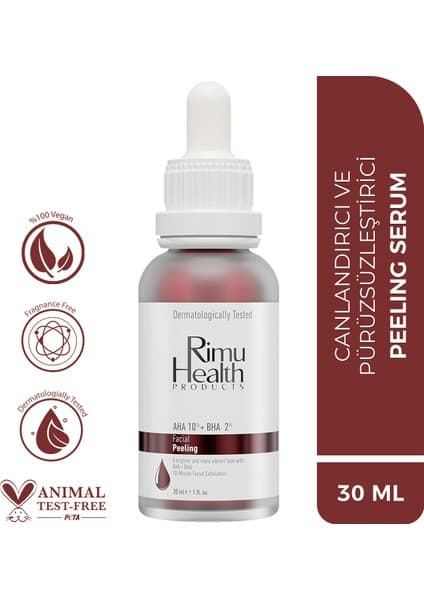 Rimu Health Products Canlandırıcı ve Cilt Tonu Eşitleyici Yüz Peeling Serum 30 ml (Aha 10% + Bha 2%