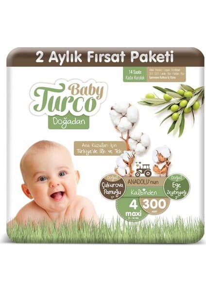Baby Turco Doğadan 4 Numara 8-14 Kg Bantlı Bebek Bezi 300 Adet – Ekstra Gece Koruması, Yumuşak Ve Nefes Alabilir