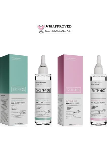 Skin401 Cilt Bakım Seti 200 ml Salisilik Asit BHA ve Glikolik Asit AHA Vegan Formül