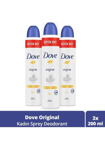 Dove Kadın Sprey Deodorant Original 1/4 Nemlendirici Krem Etkili Büyük Boy 200 ml X3 Adet