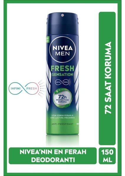 Nivea Men Fresh Sensation Sprey Deodorant 150 ml 72 Saat Anti - Perspirant Koruma Uzun Süren Ferahlık