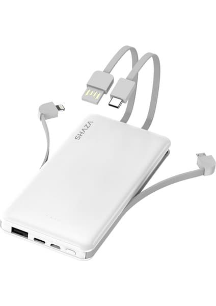 Shaza 10.000 Mah Kendinden Kablolu Taşınabilir Şarj Cihazı Beyaz